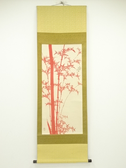JAPANESE HANGING SCROLL / HAND PAINTED / VERMILION BAMBOO